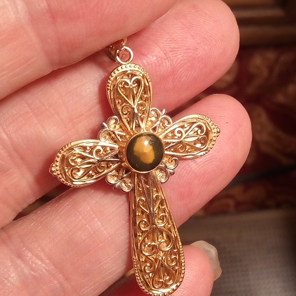 SOLD 14Kt White & Yellow Gold Amber Pentecost Novena Cross Pendant - Picture 9 of 9